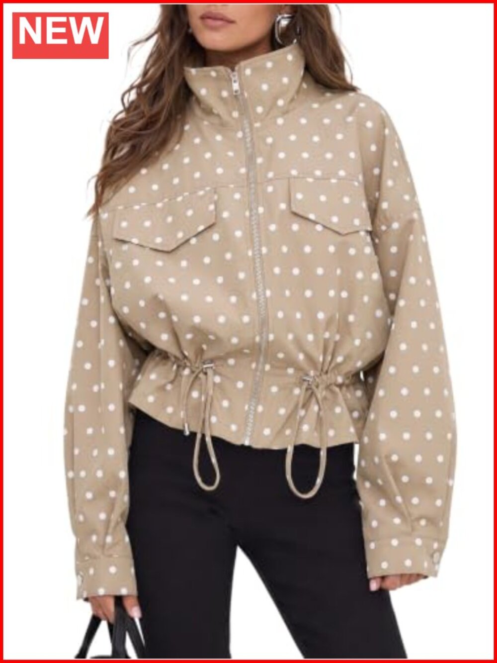 Women's Zip-Up Polka Dot Casual Jacket Long Sleeve Retro Coat